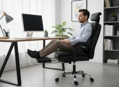 Ergonomisks datorkrēsls ar kāju balstu melns eko āda 150 kg 90–155°, mēbeles un interjers, apgaismojums sludinājums Rīgā 4