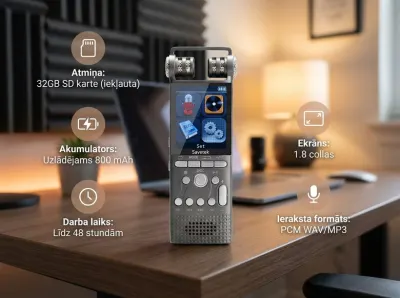 Profesionāls diktofons Bluetooth ar DSP trokšņu samazināšanu un TFT displeju, aksesuāri un viedierīces sludinājums Rīgā 3