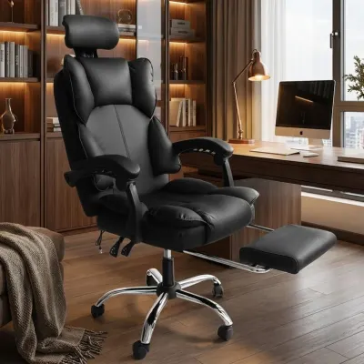 Ergonomisks datorkrēsls ar kāju balstu melns eko āda 150 kg 90–155°