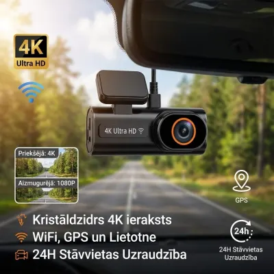 4K auto kamera ar WiFi, GPS un nakts redzamību – Dubulta videoreģistrācija..., video un drošības sistēmas sludinājums Rīgā 1