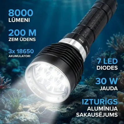 Underwater Flashlight with 7 LEDs (XM-L2 LED; 8,000 lumens; 200 m; Rechargeable), furniture and interior, lighting ad in Riga 2