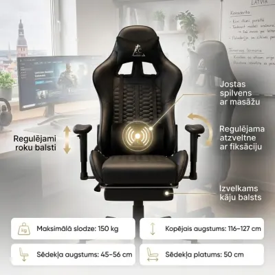 Adjustable office computer chair with footrest and massage cushion – black, furniture and interior, lighting ad in Riga 1
