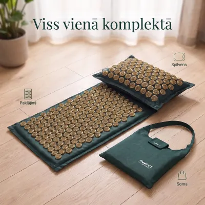 Dark green acupressure mat with a pillow and golden studs, optics, hearing aids, health aids ad in Riga 2
