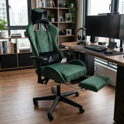 Ergonomisks krēsls ar kāju balstu un masāžas spilvenu – tumši zaļš biroja datorkrēsls, mēbeles un interjers, apgaismojums sludinājums Rīgā 2