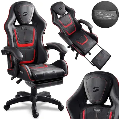Black gaming computer chair with a pull-out footrest, supports up to 120 kg, furniture and interior, lighting ad in Riga 7