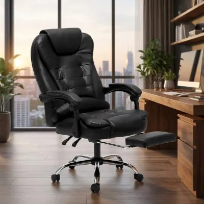 Office chair with footrest, black computer chair, furniture and interior, lighting ad in Riga 4