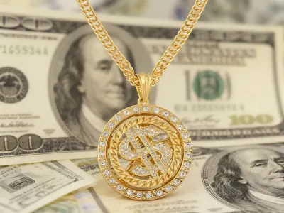 Mažoru Bling - Zelta krāsas kaklarota ar dekoratīvu dolāra kulonu un mirdzošiem..., bižutērija, rotaslietas. dažādi sludinājums Rīgā 4