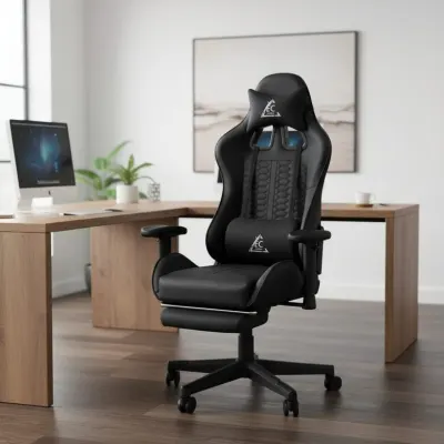 Adjustable office computer chair with footrest and massage cushion – black, furniture and interior, lighting ad in Riga 6