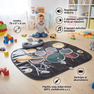 Детский музыкальный коврик с барабанами 78 x 67 x 6 см, игрушки ad в Риге 1