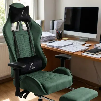 Ergonomisks krēsls ar kāju balstu un masāžas spilvenu – tumši zaļš biroja datorkrēsls, mēbeles un interjers, apgaismojums sludinājums Rīgā 3