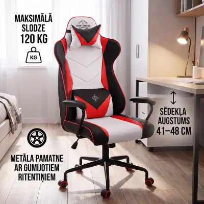 Sarkani balts ergonomisks datorkrēsls ar diviem spilveniem līdz 120 kg, mēbeles un interjers, apgaismojums sludinājums Rīgā 2