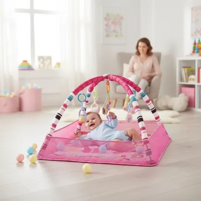 Bērnu aktivitāšu paklājs manēža 80x80cm rozā 0-18 mēneši stimulējoša