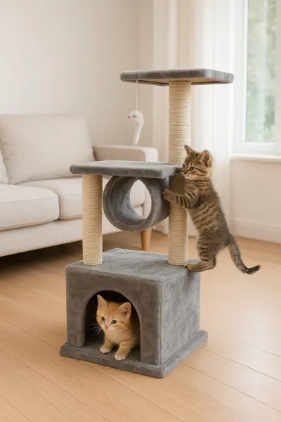 3-Story Cat House with Scratching Post, 90 cm, Gray,  animal feed, products and services ad in Riga 4