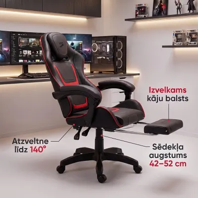 Black gaming computer chair with a pull-out footrest, supports up to 120 kg, furniture and interior, lighting ad in Riga 3