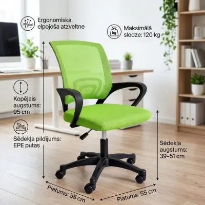 Ergonomic computer chair with mesh backrest, green, 120 kg, seat height 39–51 cm, furniture and interior, lighting ad in Riga 3