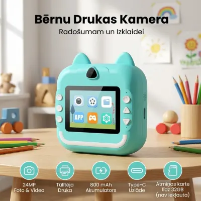 Children's Camera with Polaroid Photo Printing, 24MP, 2.4-inch IPS Display, Bluetooth, 800mAh Battery, Green, video and security systems ad in Riga 2