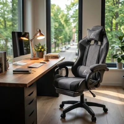 Ergonomisks datora un biroja krēsls ar regulējamu atzveltni un kāju balstu pelēks, mēbeles un interjers, apgaismojums sludinājums Rīgā 1
