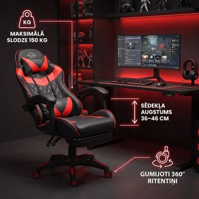 Melni sarkans ergonomisks datorkrēsls ar kāju balstu līdz 150 kg, mēbeles un interjers, apgaismojums sludinājums Rīgā 5