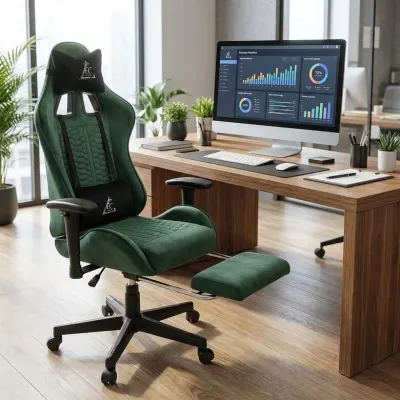 Ergonomisks krēsls ar kāju balstu un masāžas spilvenu – tumši zaļš biroja datorkrēsls, mēbeles un interjers, apgaismojums sludinājums Rīgā 4