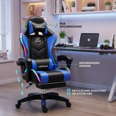 Zils gaming datorkrēsls ar masāžu, RGB, kāju balstu, 150°, mēbeles un interjers, apgaismojums sludinājums Rīgā 2
