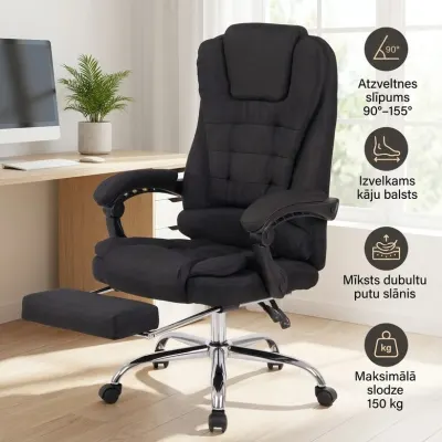 Ergonomisks datorkrēsls ar kāju balstu melns tekstils 150 kg 90–155°, mēbeles un interjers, apgaismojums sludinājums Rīgā 1