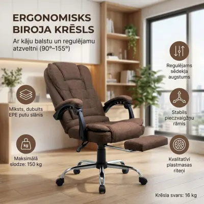Ergonomic fabric computer chair, brown fabric, 150 kg, backrest 90–155°, furniture and interior, lighting ad in Riga 2