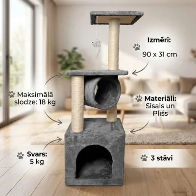 Kaķu māja 3 stāvos ar nagu asināmo, 90 cm, pelēka