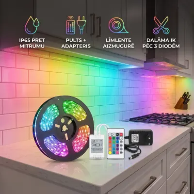Светодиодная лента RGB 5050 SMD, 5 м: влагостойкая + комплектующие, мебель и интерьер, освещение ad в Риге 2