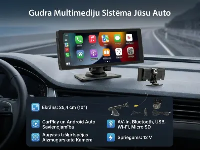 Automašīnas monitors 10' ar atpakaļskata kameru, savienojas ar Telefonu..., video un drošības sistēmas sludinājums Rīgā 2