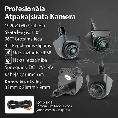 Автомобильная камера заднего вида с поворотной линзой (12 В–24 В, 1920×1080P, IP68..., видеонаблюдение и системы безопасности ad в Риге 3