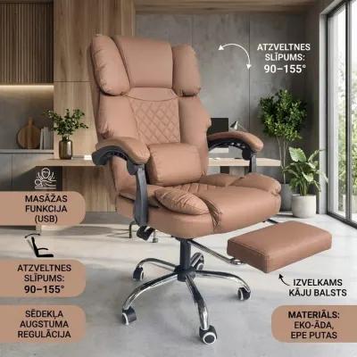 Office Computer Chair with Footrest, USB Massage, Eco-Leather, Cappuccino, 150 kg, furniture and interior, lighting ad in Riga 3