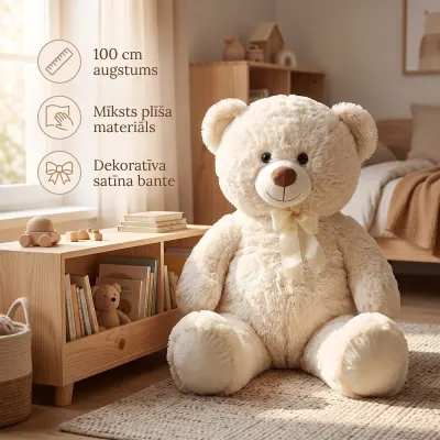 Liels bēšs plīša lācis ar banti, 100 cm, rotaļlietas sludinājums Rīgā 2