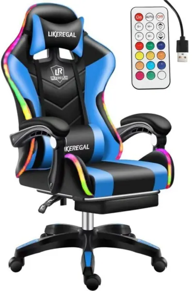 Zils gaming datorkrēsls ar masāžu, RGB, kāju balstu, 150°, mēbeles un interjers, apgaismojums sludinājums Rīgā 5