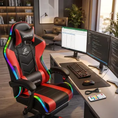 Computer chair with LED, red massage chair with black accents, furniture and interior, lighting ad in Riga 4