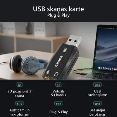 USB skaņas karte 3D sound 5.1, Plug & Play datoram, austiņām, aksesuāri un viedierīces sludinājums Rīgā 2