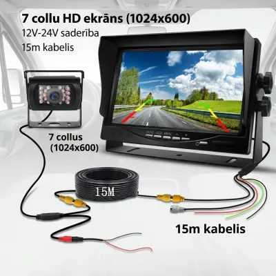 7-inch HD Monitor Kit with Rearview Camera, 18 IR LEDs, 15-meter Cable, 12–24 V, video and security systems ad in Riga 1