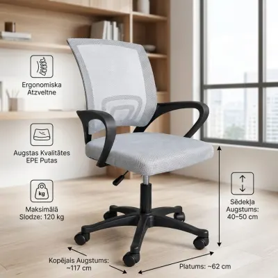 Ergonomic computer chair with mesh backrest, gray, 120 kg weight capacity, 62 cm wide, furniture and interior, lighting ad in Riga 3