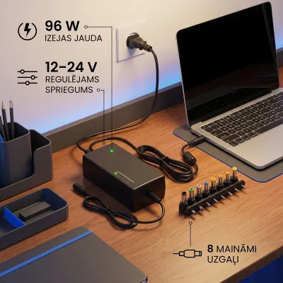 Universal computer/laptop charger with 8 different tips, 12-24 V, 96 W, accessories and smart devices ad in Riga 2