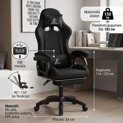 Ergonomisks biroja krēsls ar masāžas funkciju, regulējamu atzveltni un eko ādas/auduma apdari, melns – līdz 150 kg, mēbeles un interjers, apgaismojums sludinājums Rīgā 2