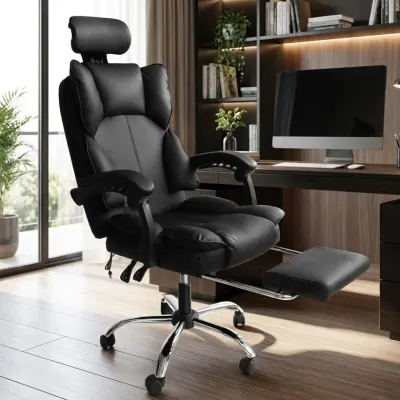 Ergonomisks datorkrēsls ar kāju balstu melns eko āda 150 kg 90–155°, mēbeles un interjers, apgaismojums sludinājums Rīgā 8