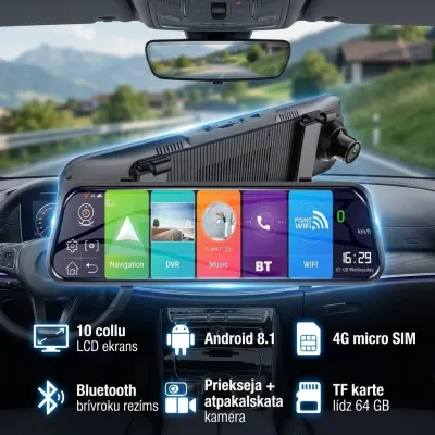 Auto videoreģistrators Android 8.1 4G navigators 10 collas Bluetooth, video un drošības sistēmas sludinājums Rīgā 2