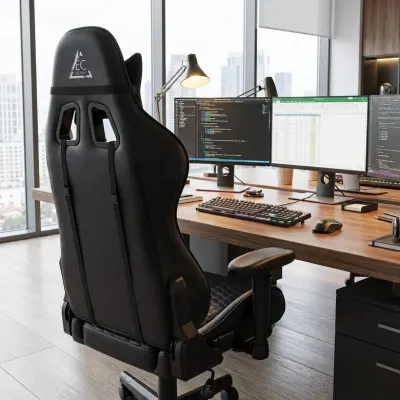 Adjustable office computer chair with footrest and massage cushion – black, furniture and interior, lighting ad in Riga 3