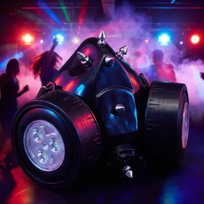 Stylized respirator with two filters and a light, face mask for parties, furniture and interior, lighting ad in Riga 2