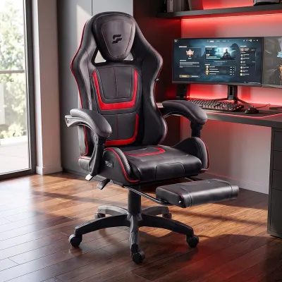 Black gaming computer chair with a pull-out footrest, supports up to 120 kg, furniture and interior, lighting ad in Riga 1
