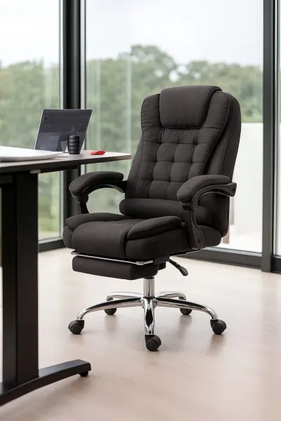 Ergonomisks datorkrēsls ar kāju balstu melns tekstils 150 kg 90–155°, mēbeles un interjers, apgaismojums sludinājums Rīgā 5