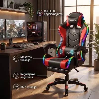 Computer chair with LED, red massage chair with black accents, furniture and interior, lighting ad in Riga 2