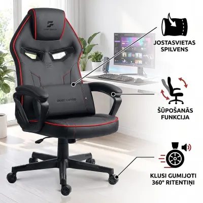 Melns ergonomisks gaming datorkrēsls ar jostasvietas spilvenu līdz 120 kg, mēbeles un interjers, apgaismojums sludinājums Rīgā 1