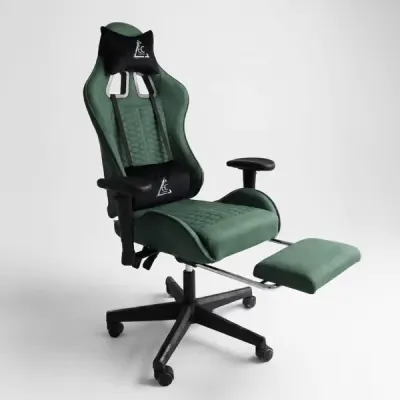 Ergonomisks krēsls ar kāju balstu un masāžas spilvenu – tumši zaļš biroja datorkrēsls, mēbeles un interjers, apgaismojums sludinājums Rīgā 5