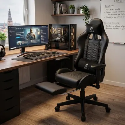 Adjustable office computer chair with footrest and massage cushion – black, furniture and interior, lighting ad in Riga 2