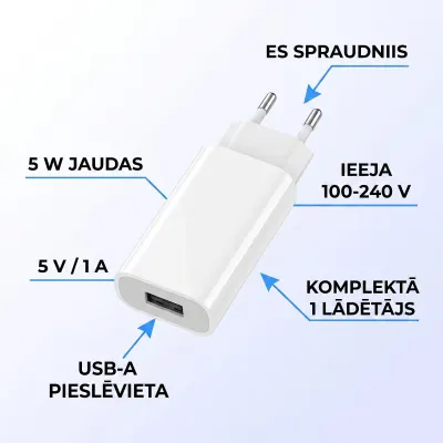 USB lādētājs mazjaudas ierīcēm ar ES spraudni, 5 V / 1 A, 5 W, aksesuāri un viedierīces sludinājums Rīgā 3
